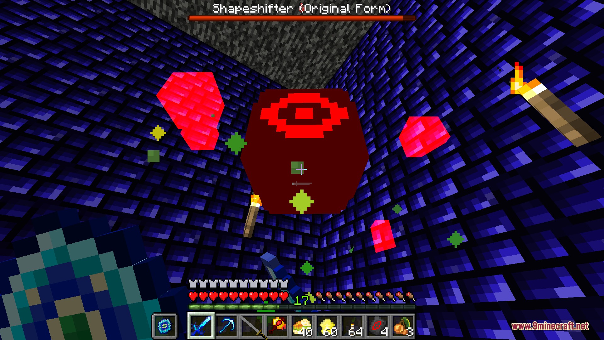 Spoduo The Spores Mod (1.20.1) – Battle Ancient Sea Life In A Strange Fungal 8 Player fighting the red shapeshifter boss in a dark blue dungeon room