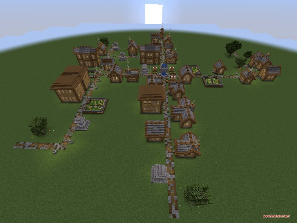 Aerial view of a minecraft village with long roads and widely spaced houses