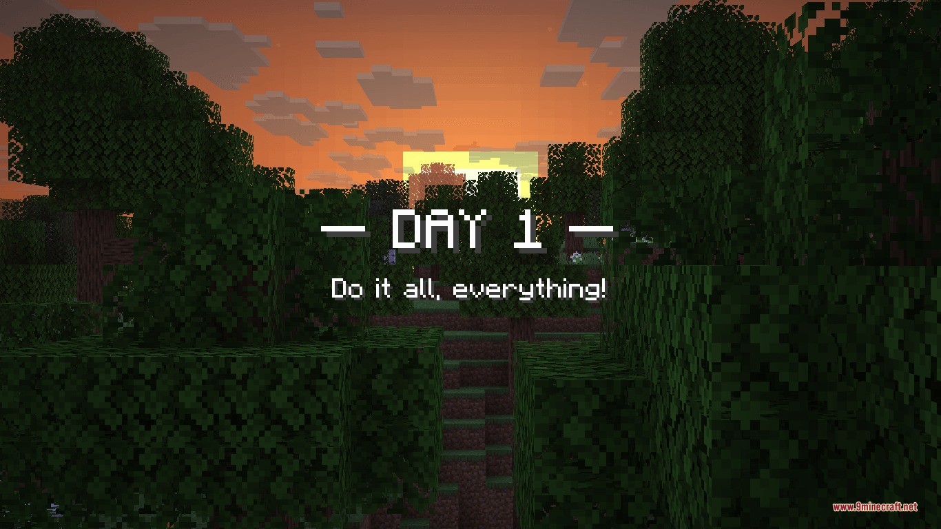 Minecraft sunrise over a forest biome showing the day one notification