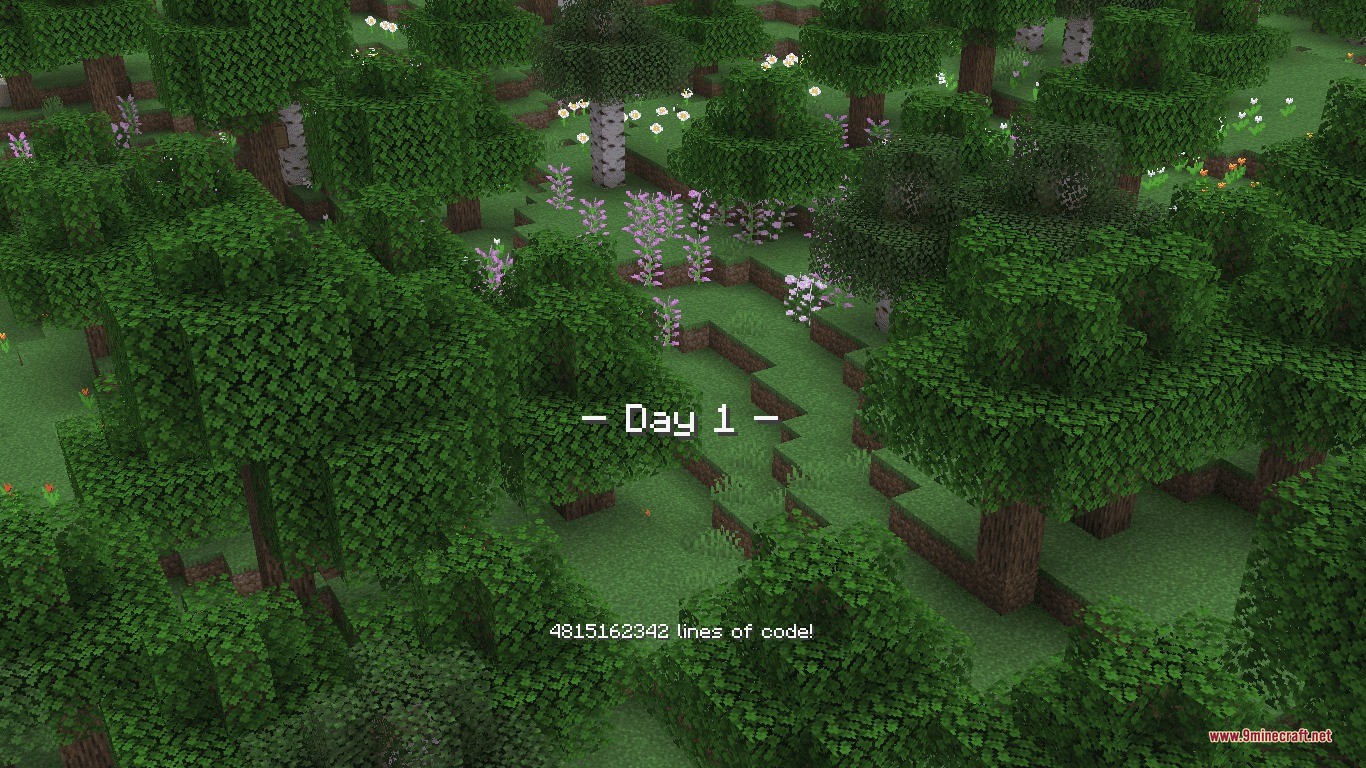 Aerial view of a flower forest with a day one text alert