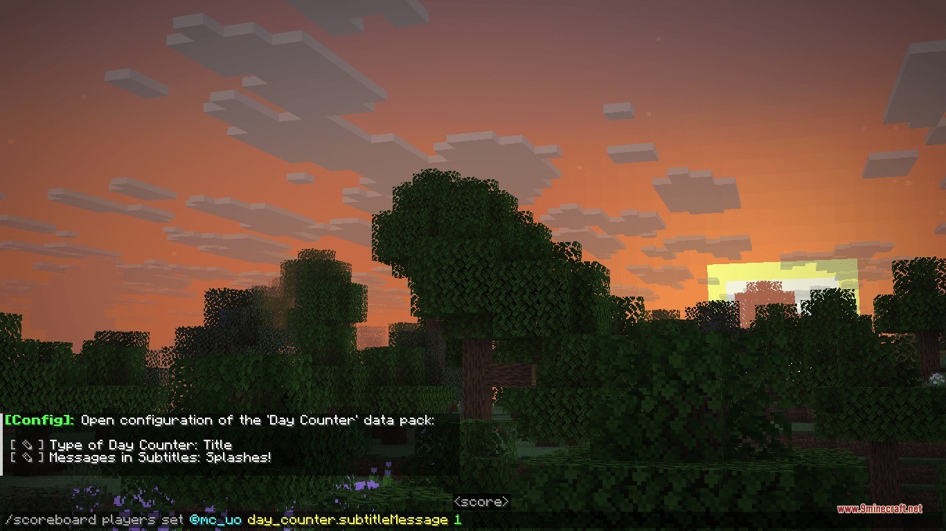 Configuring the day counter data pack settings during a sunset in minecraft