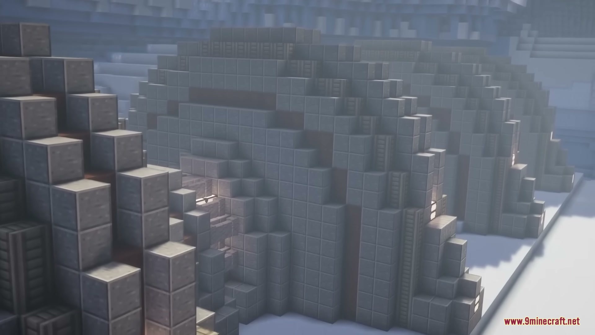 Star Wars Expansion Mod (1.20.1) – Fly Starships And Travel To Alien Planets 11 Several grey dome buildings stand together in a snowy minecraft landscape