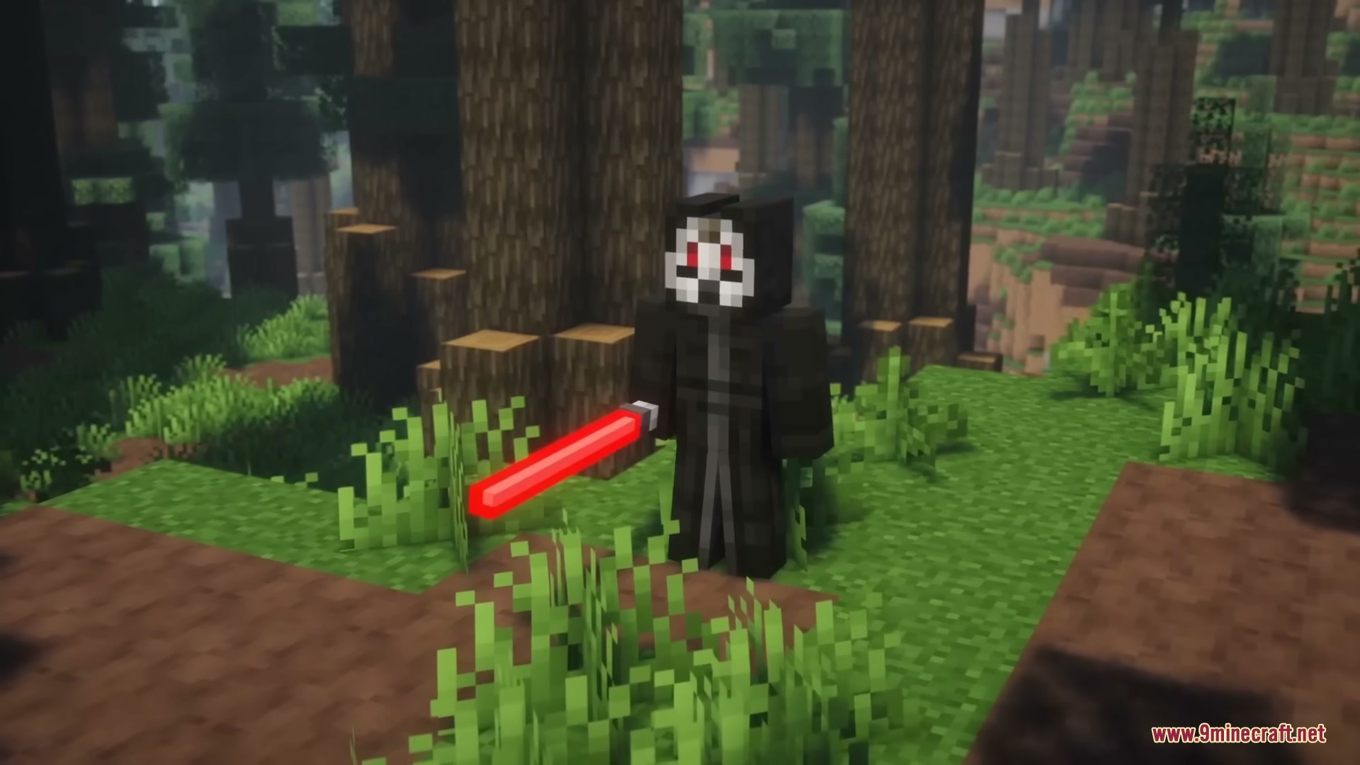 Star Wars Expansion Mod (1.20.1) – Fly Starships And Travel To Alien Planets 12 A sith character holding a red lightsaber in a dense forest