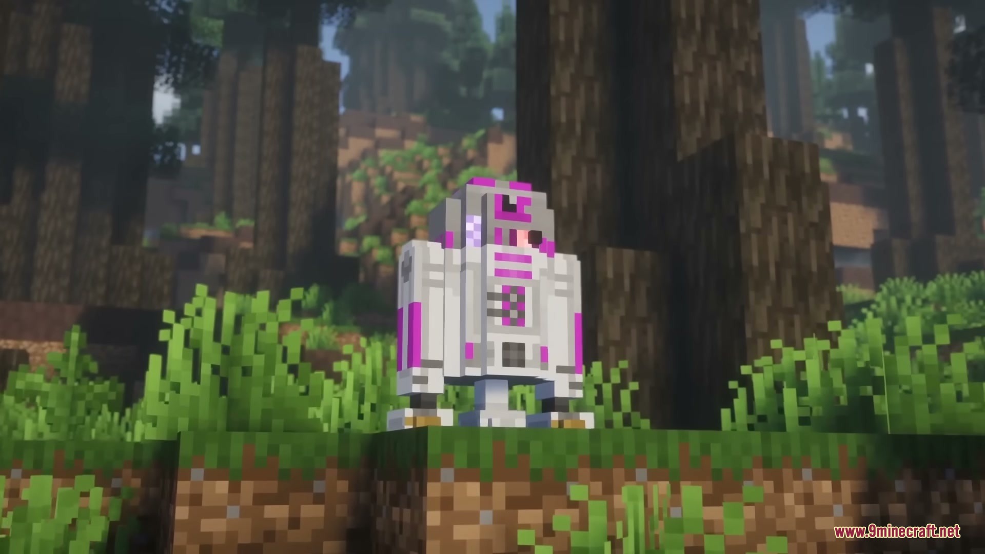 Star Wars Expansion Mod (1.20.1) – Fly Starships And Travel To Alien Planets 13 A pink and white astromech droid standing on a grass block