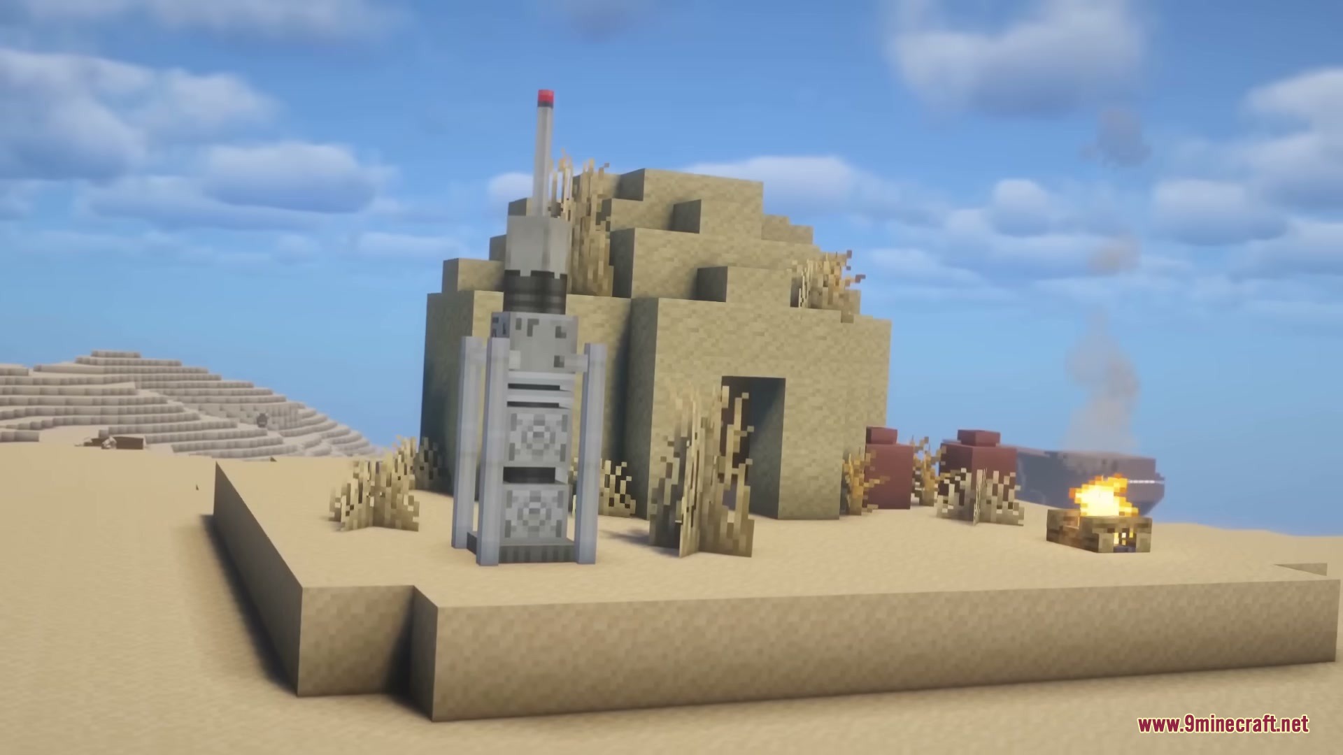 Star Wars Expansion Mod (1.20.1) – Fly Starships And Travel To Alien Planets 14 A desert settlement featuring a sandstone hut and a tall moisture vaporator