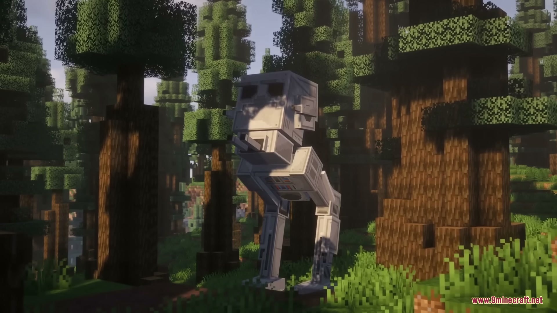 Star Wars Expansion Mod (1.20.1) – Fly Starships And Travel To Alien Planets 18 A tall atst walker stands among the trees in a minecraft forest biome