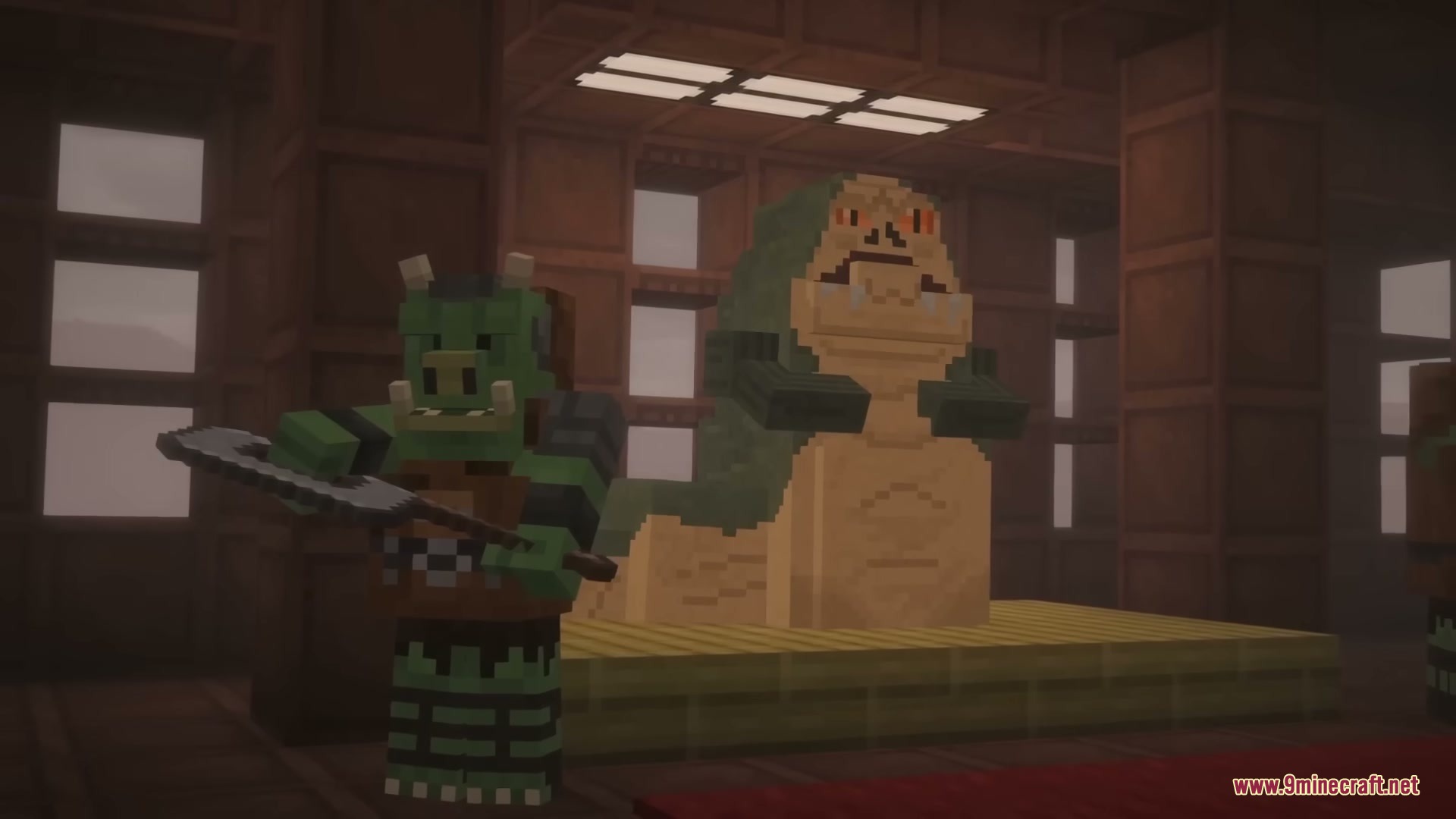 Star Wars Expansion Mod (1.20.1) – Fly Starships And Travel To Alien Planets 4 A gamorrean guard stands with an axe next to jabba the hutt