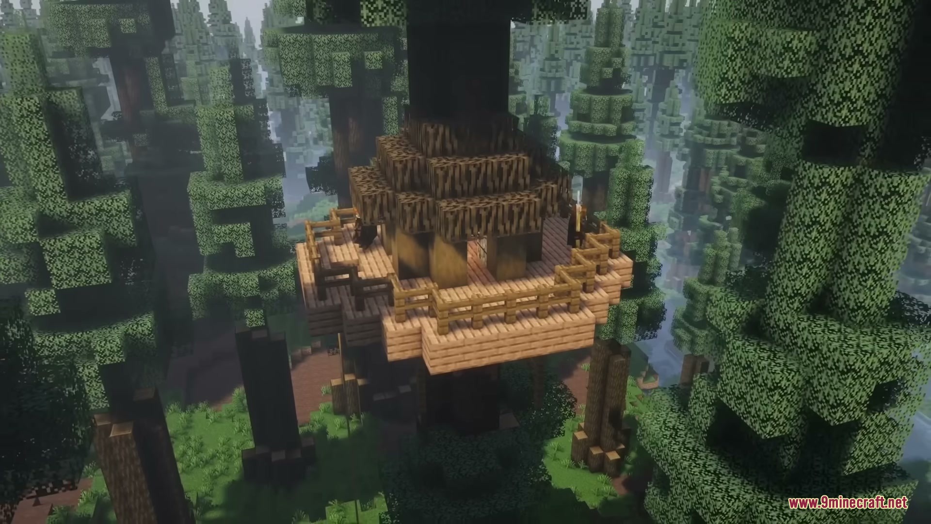 Star Wars Expansion Mod (1.20.1) – Fly Starships And Travel To Alien Planets 6 A wooden treehouse settlement built high up in a dense forest biome