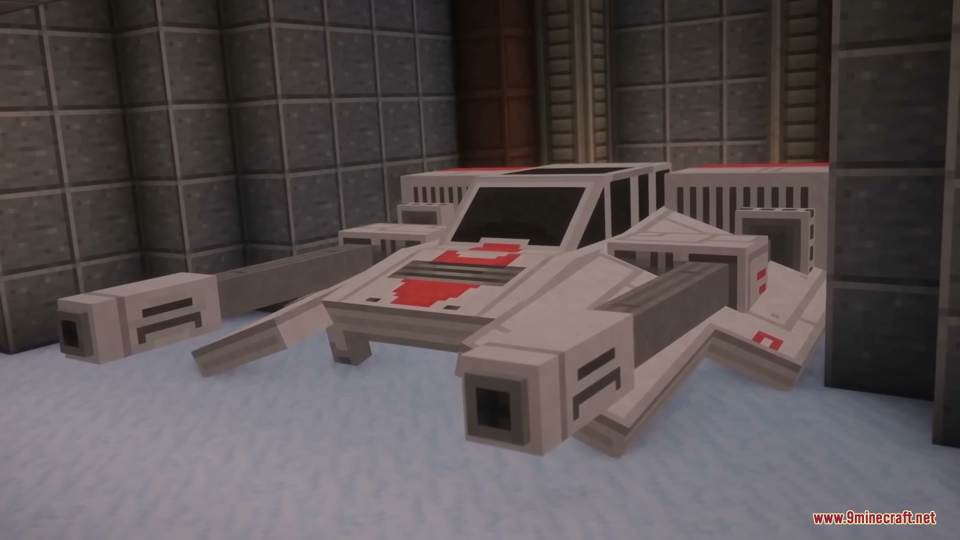 Star Wars Expansion Mod (1.20.1) – Fly Starships And Travel To Alien Planets 7 A white and red snowspeeder vehicle parked inside a grey hangar bay