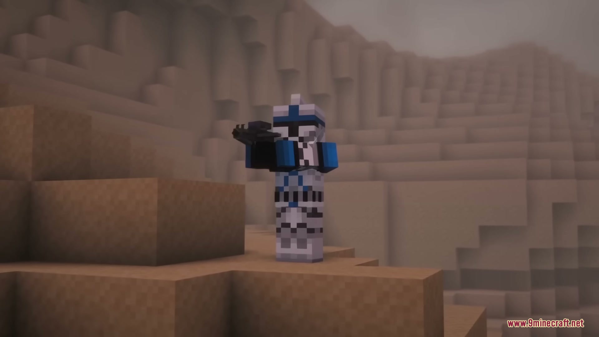 Star Wars Expansion Mod (1.20.1) – Fly Starships And Travel To Alien Planets 8 A clone trooper aiming a blaster rifle in a sandy desert environment