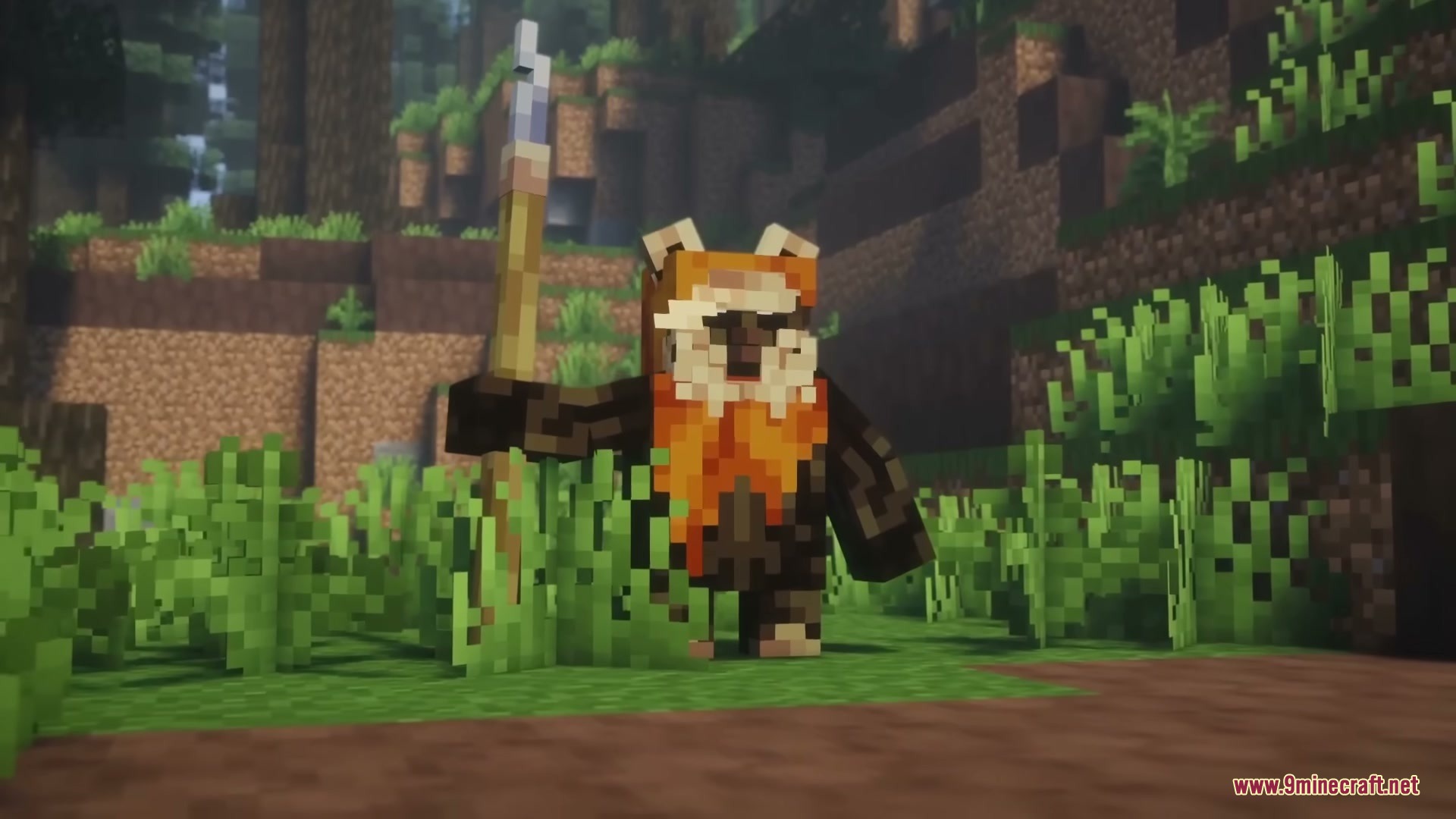 Star Wars Expansion Mod (1.20.1) – Fly Starships And Travel To Alien Planets 9 An ewok holding a spear while standing in a lush forest biome