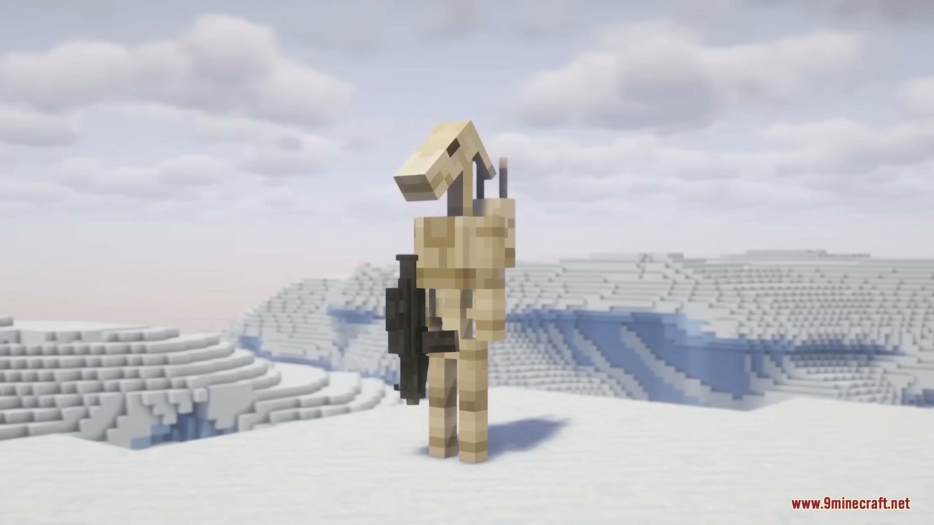 Star Wars Expansion Mod (1.20.1) – Fly Starships And Travel To Alien Planets 10 A battle droid stands in a snowy biome holding a black blaster