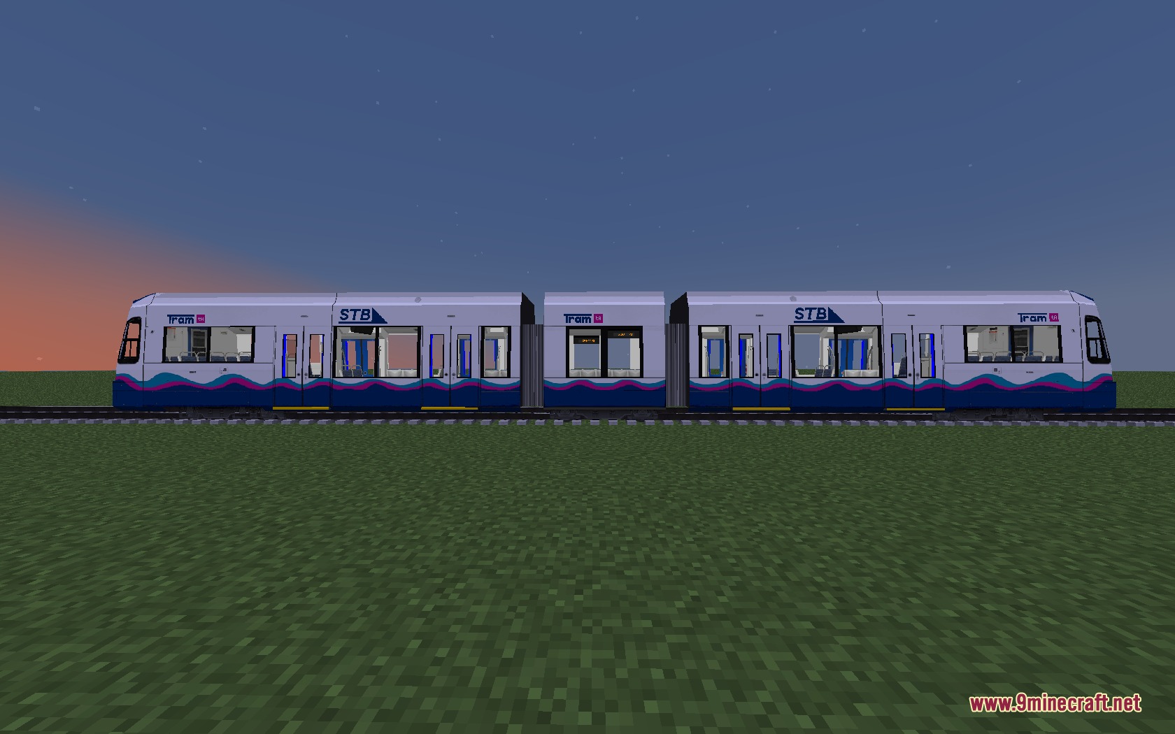 Steel Transit Blueprints Resource Pack (1.20.1) – Sleek Modern Trains 3 A side view of a white and blue light rail tram on tracks