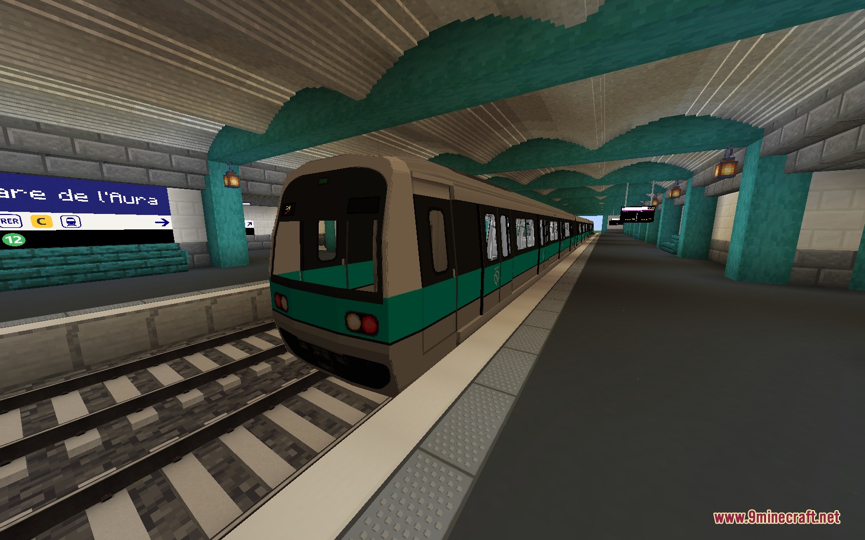 Steel Transit Blueprints Resource Pack (1.20.1) – Sleek Modern Trains 8 A steel transit blueprints metro train stopped at an underground station platform