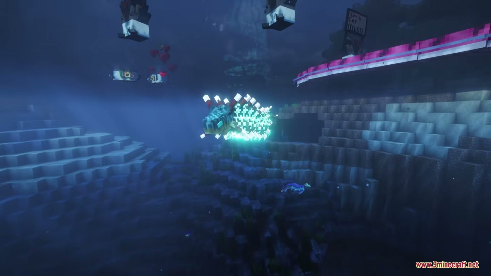 A bioluminescent fish swims through the dark depths of a minecraft ocean