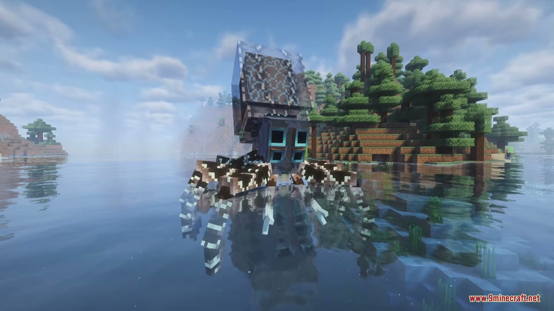 Giant blood crawler creature standing on the water surface in minecraft