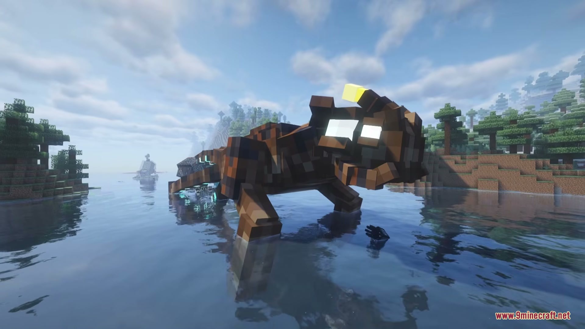 Large brown boneshark monster with glowing eyes walking through the water