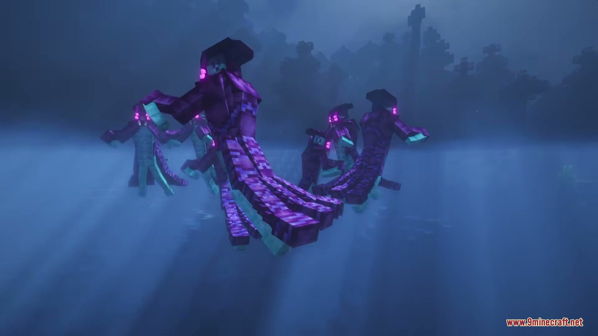 Purple alien creatures swimming through dark and foggy water in the deep ocean
