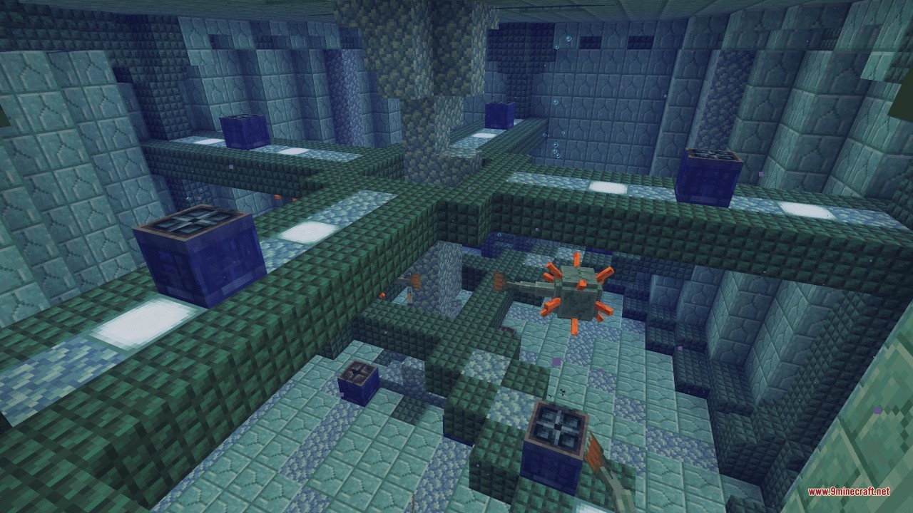 Sunken Spires Data Pack (1.21.11, 1.20.1) – Battle New Bosses In Lost 2 A large prismarine trial chamber with walkways and a guardian mob swimming
