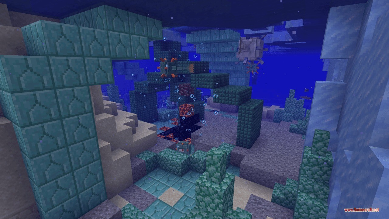 Sunken Spires Data Pack (1.21.11, 1.20.1) – Battle New Bosses In Lost 3 Sunken prismarine ruins with magma blocks and a guardian on the ocean floor