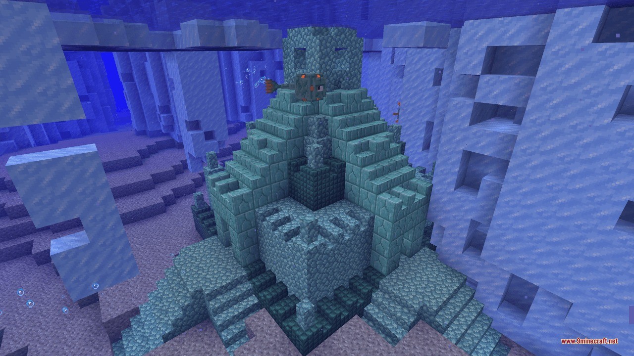 Sunken Spires Data Pack (1.21.11, 1.20.1) – Battle New Bosses In Lost 4 A prismarine temple structure stands underwater surrounded by large ice pillars