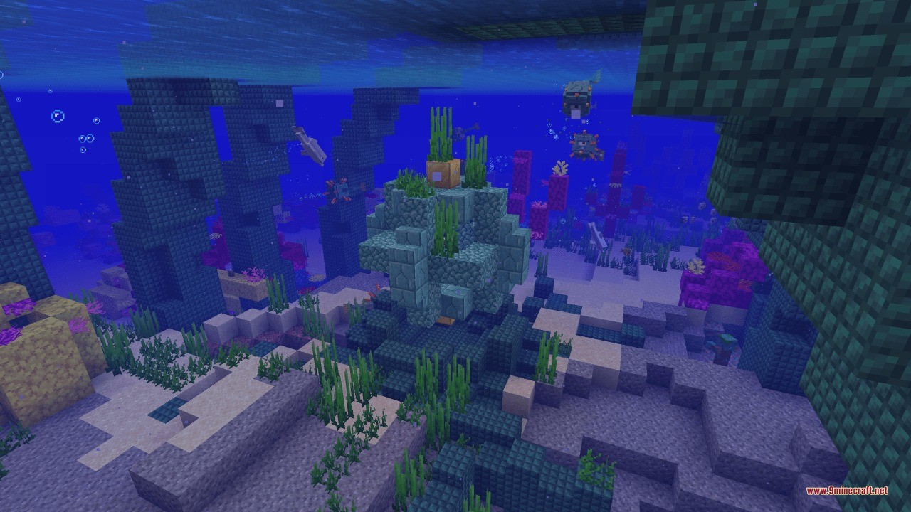 Sunken Spires Data Pack (1.21.11, 1.20.1) – Battle New Bosses In Lost 5 Small prismarine ruins with seagrass located near a colorful coral reef biome