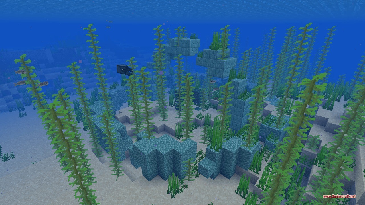 Sunken Spires Data Pack (1.21.11, 1.20.1) – Battle New Bosses In Lost 6 A squid swims near prismarine ruins and tall kelp underwater
