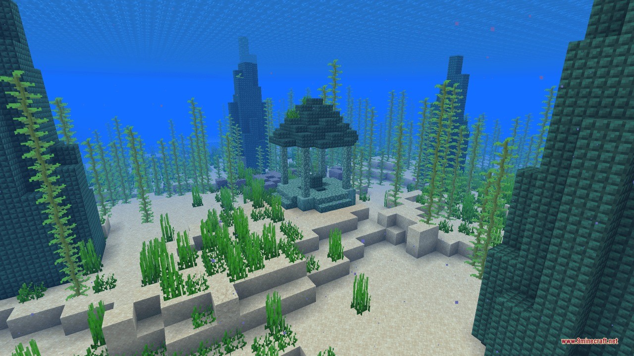 Sunken Spires Data Pack (1.21.11, 1.20.1) – Battle New Bosses In Lost 8 Small prismarine gazebo surrounded by tall kelp and spires on the ocean floor