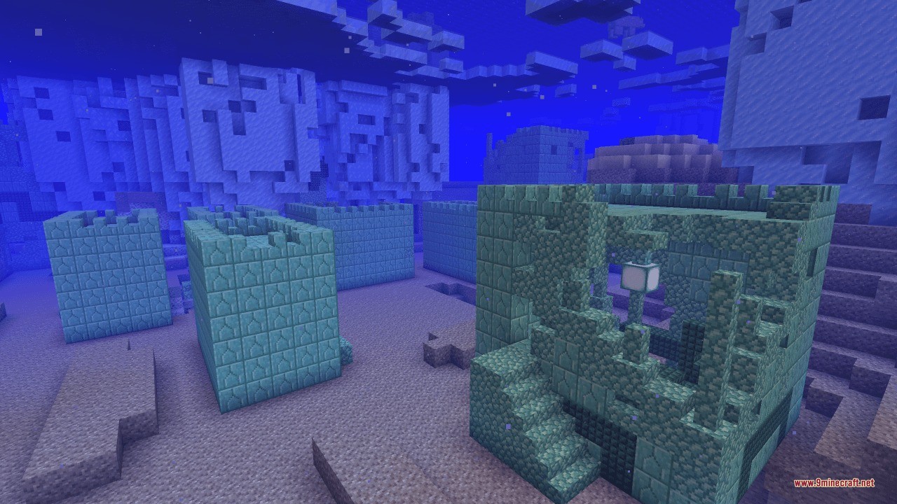 Sunken Spires Data Pack (1.21.11, 1.20.1) – Battle New Bosses In Lost 9 Ruined prismarine buildings forming a sunken city deep on the sandy seabed