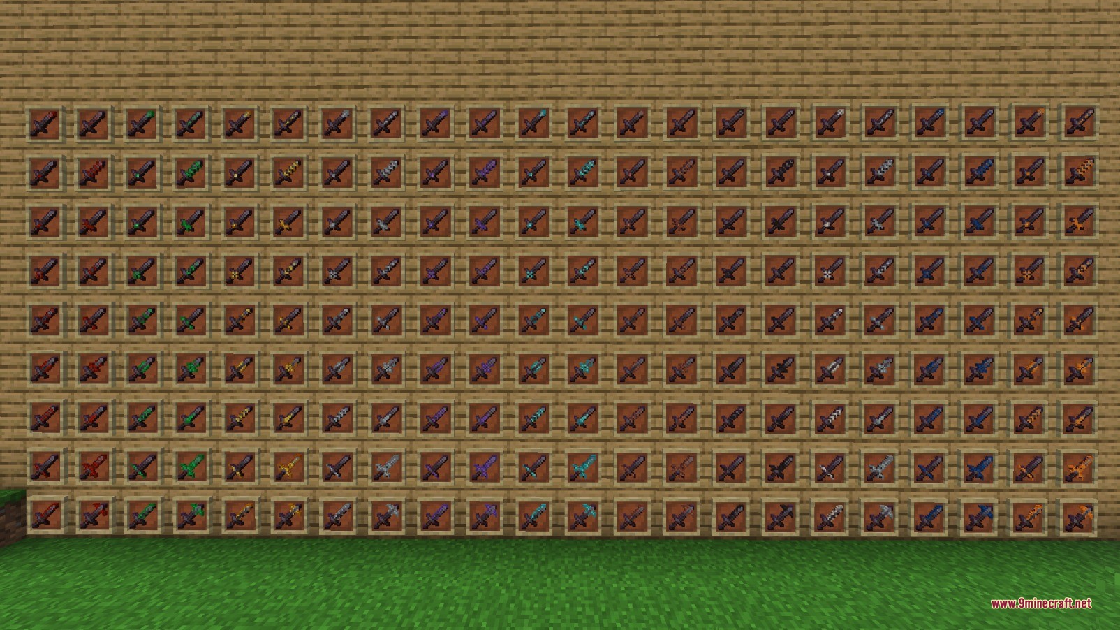 Sword Armor Trims Data Pack (26.2, 1.21.11) – Decorate Every Blade 3 A wall of item frames showcasing many different sword trim combinations