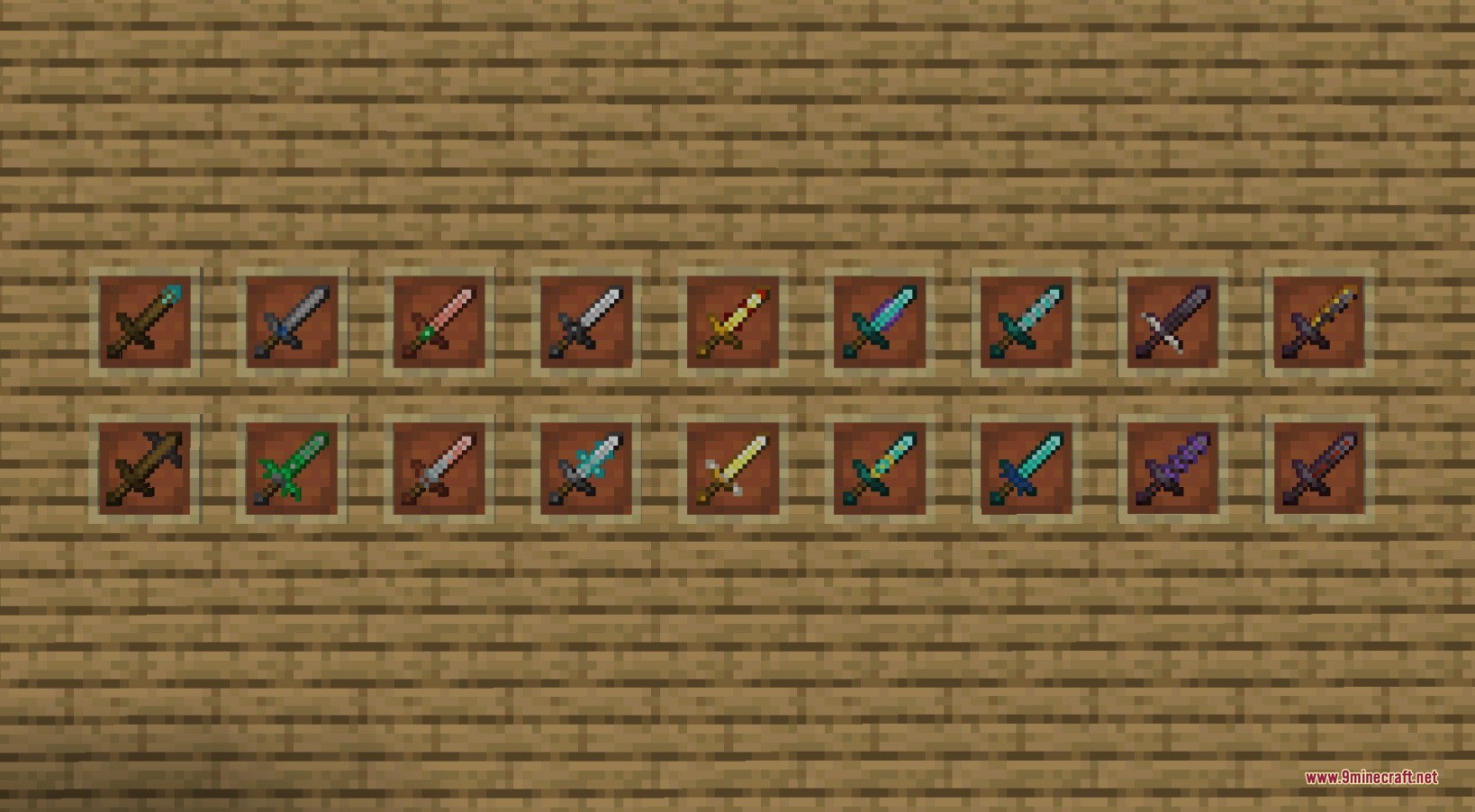 Sword Armor Trims Data Pack (26.2, 1.21.11) – Decorate Every Blade 4 Various swords with custom armor trims displayed in item frames on a wall