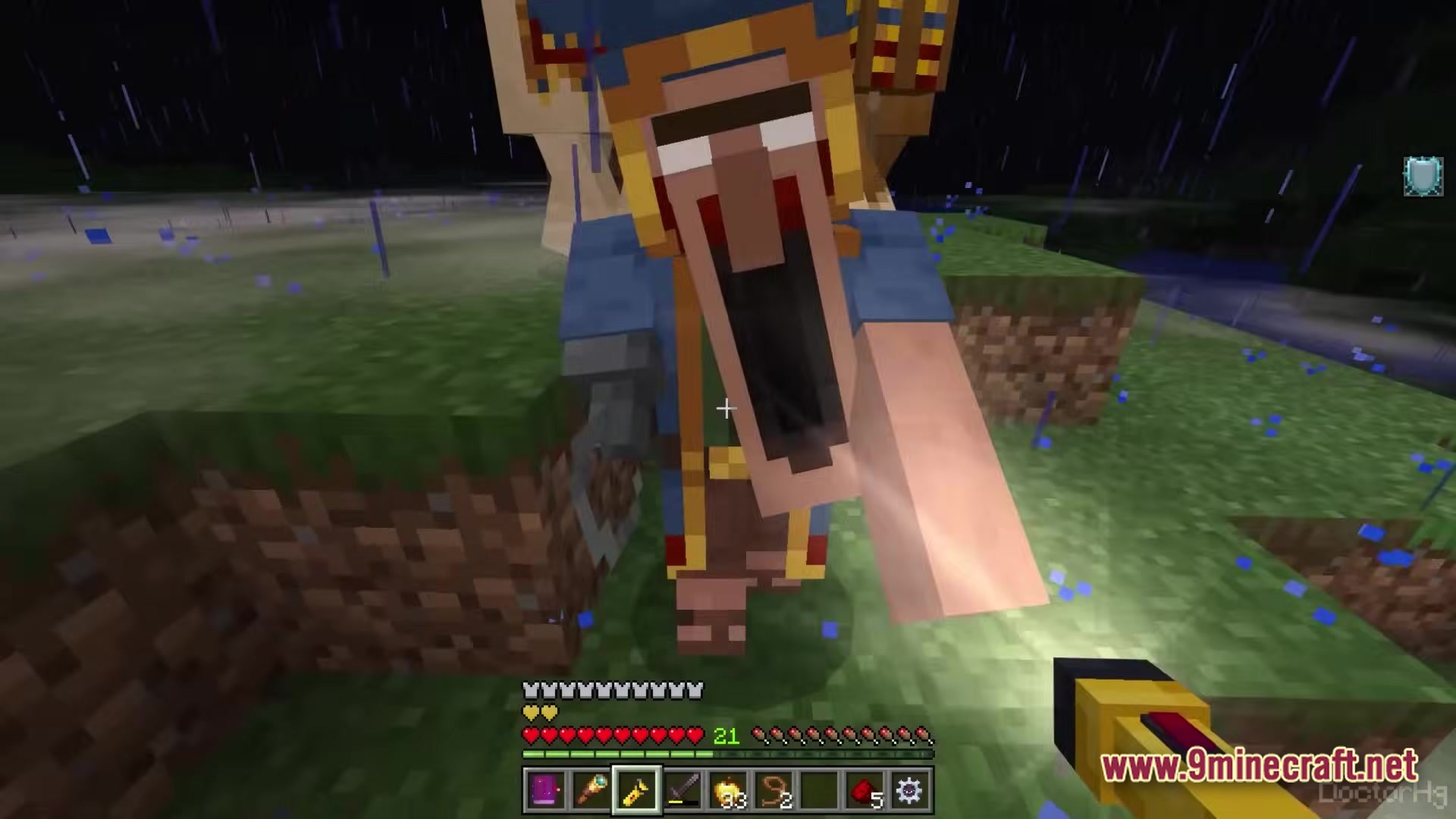 The Dwellers Modpack (26.2, 1.20.1) – Survive The Terrifying Fog 2 A distorted wandering trader dweller mob attacks a player holding a flashlight during a rainy night
