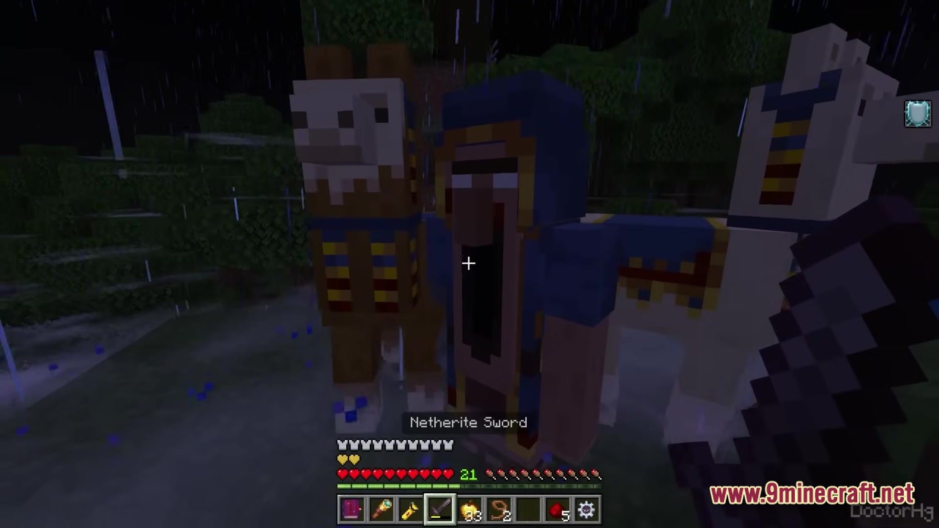 The Dwellers Modpack (26.2, 1.20.1) – Survive The Terrifying Fog 3 A distorted wandering trader with a gaping mouth stands between two llamas in a rainy forest