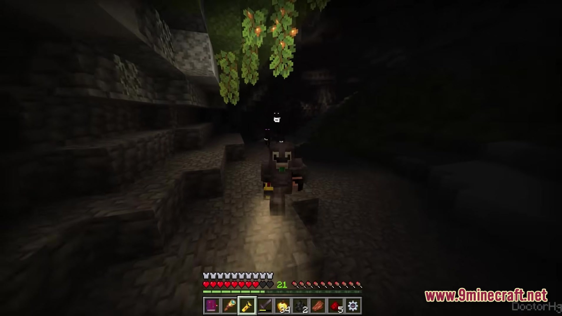The Dwellers Modpack (26.2, 1.20.1) – Survive The Terrifying Fog 5 A player explores a dark cave while being stalked by a glowing-eyed dweller entity