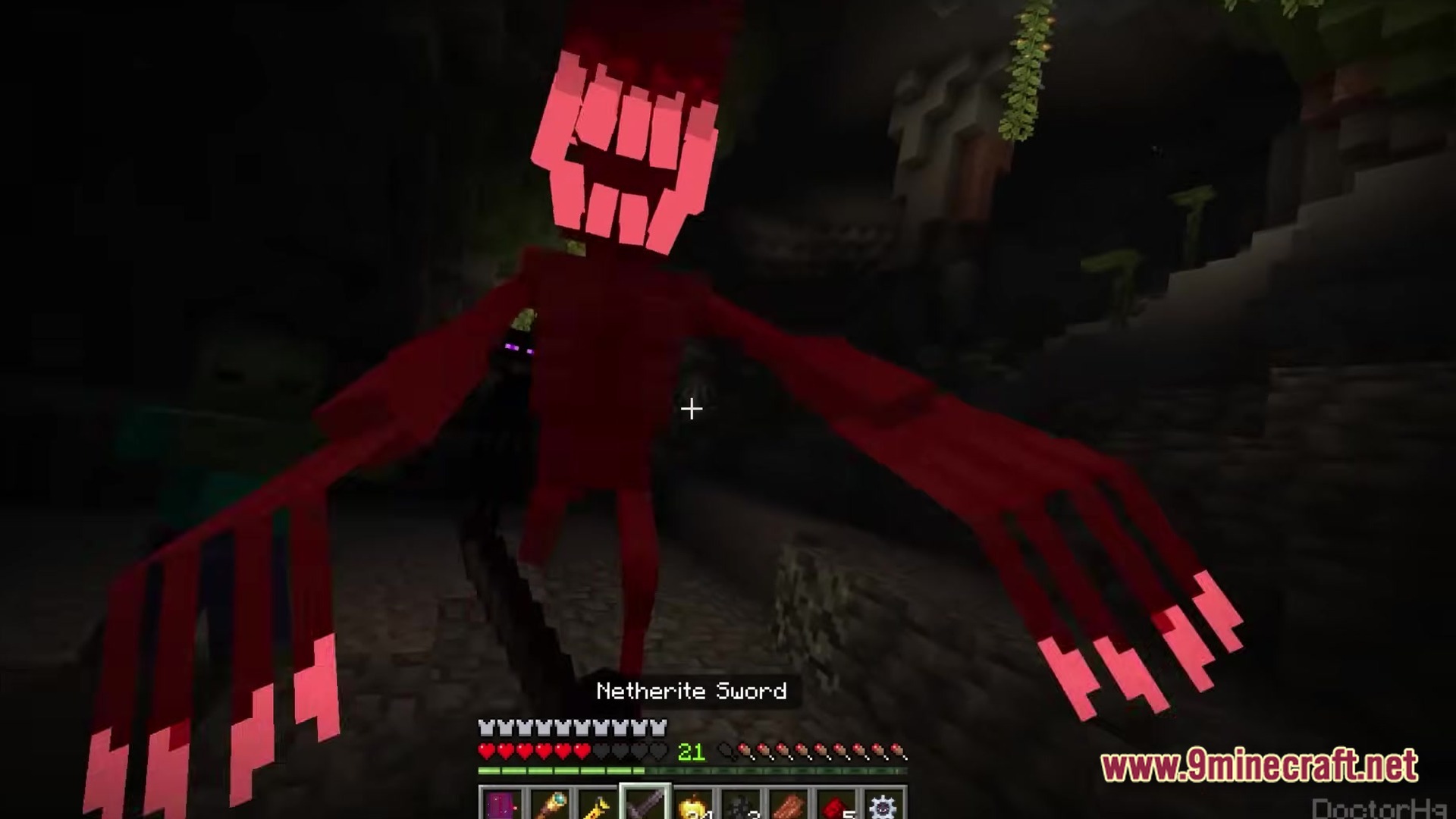 The Dwellers Modpack (26.2, 1.20.1) – Survive The Terrifying Fog 6 A player wielding a netherite sword faces a tall red hostile mob in a dark cave