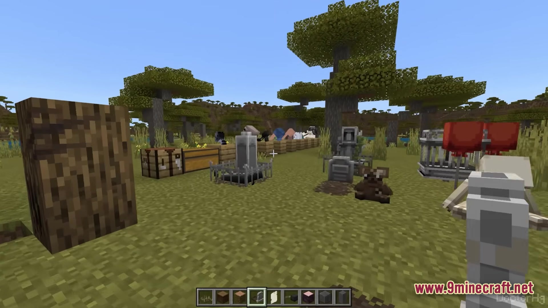 The Dwellers Modpack (26.2, 1.20.1) – Survive The Terrifying Fog 7 Various decorative items, machines, and mob heads placed in a savanna biome within minecraft