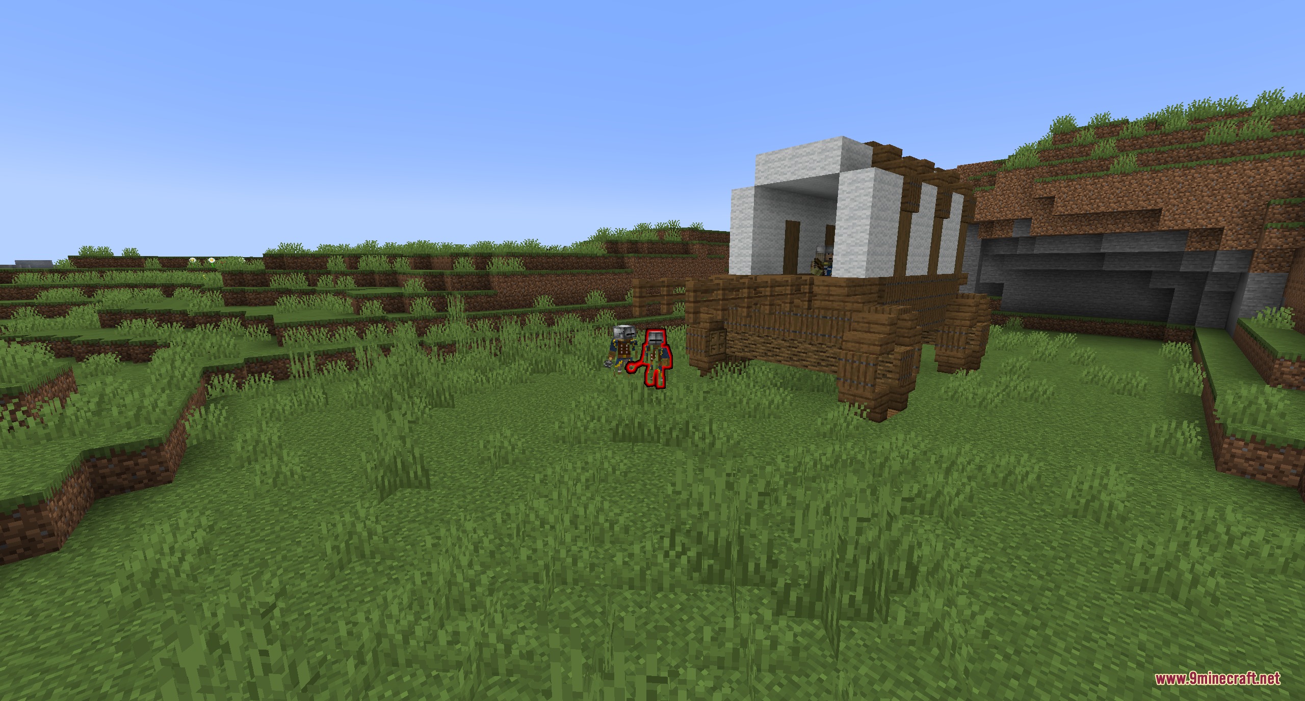 Two knights standing next to a wooden wagon in the wilderness
