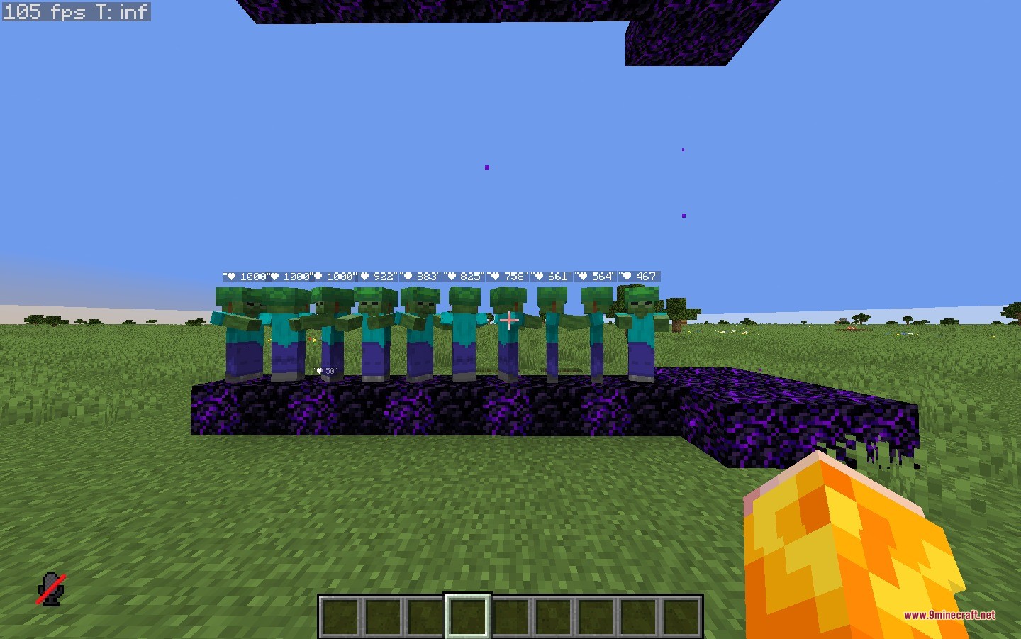 Tnt Damage Booster Data Pack (26.2, 1.21.1) – Deadlier Explosions 2 A row of zombies on obsidian blocks showing health bars for tnt damage booster