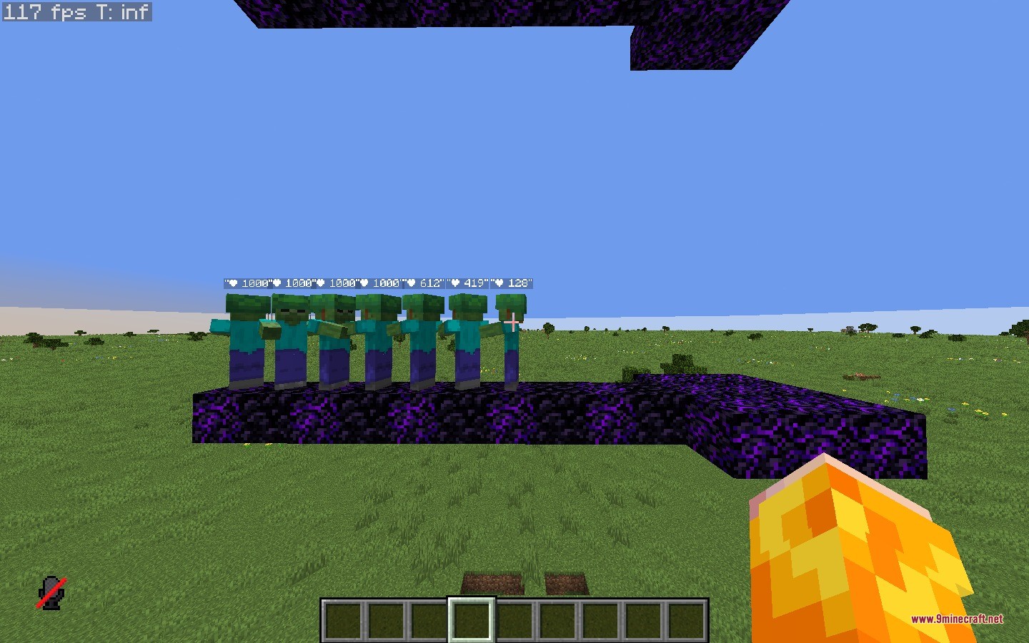Tnt Damage Booster Data Pack (26.2, 1.21.1) – Deadlier Explosions 4 Seven zombies standing on crying obsidian blocks with health indicators above their heads