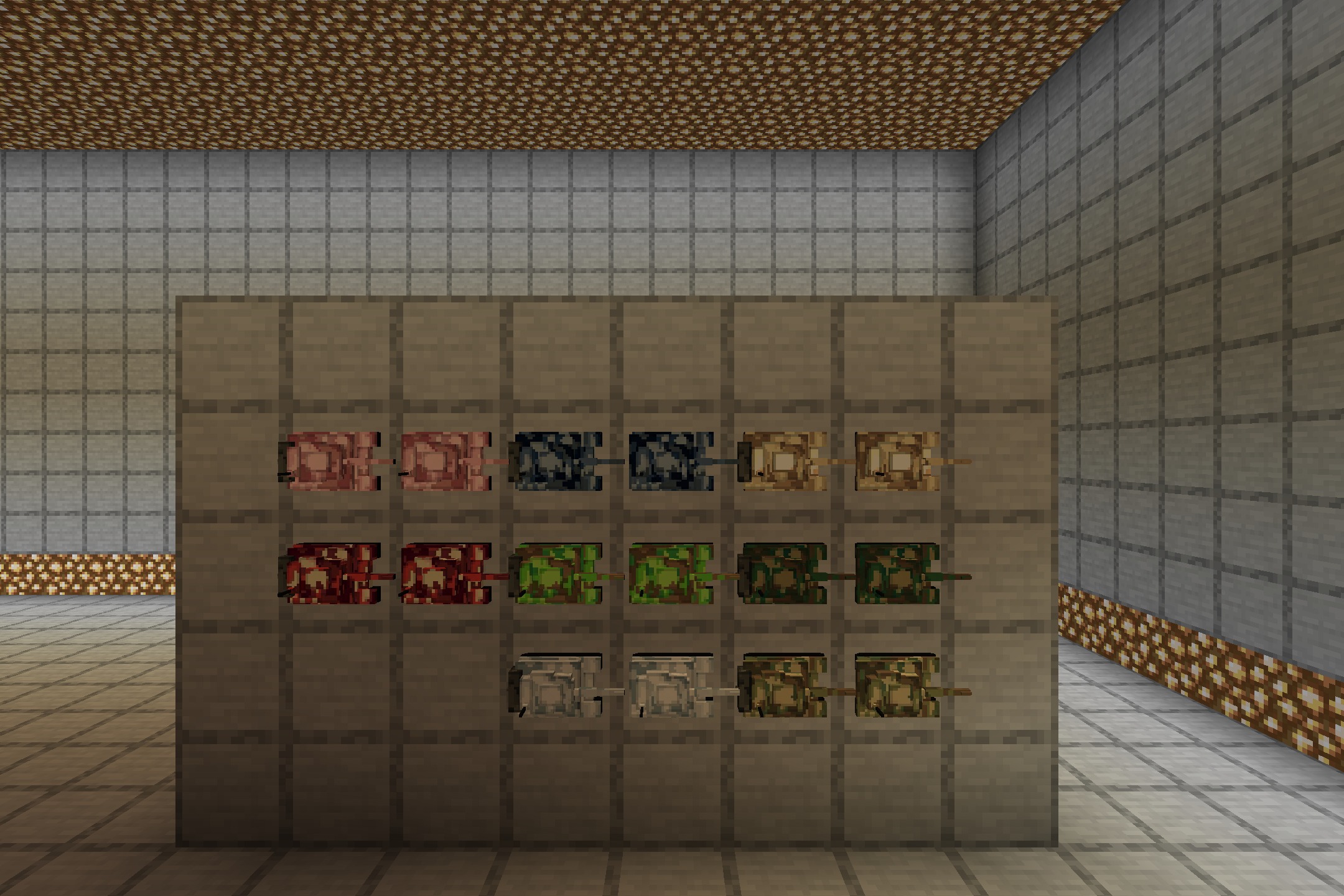 A collection of tank boat models with different camouflage patterns on a wall