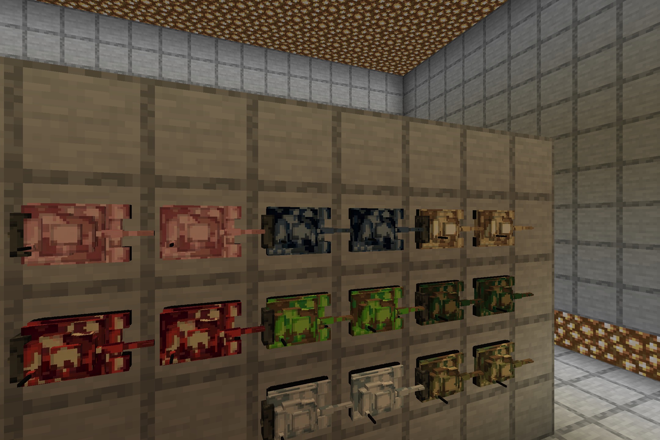 Showcase of different colored tank boat variants mounted on item frames