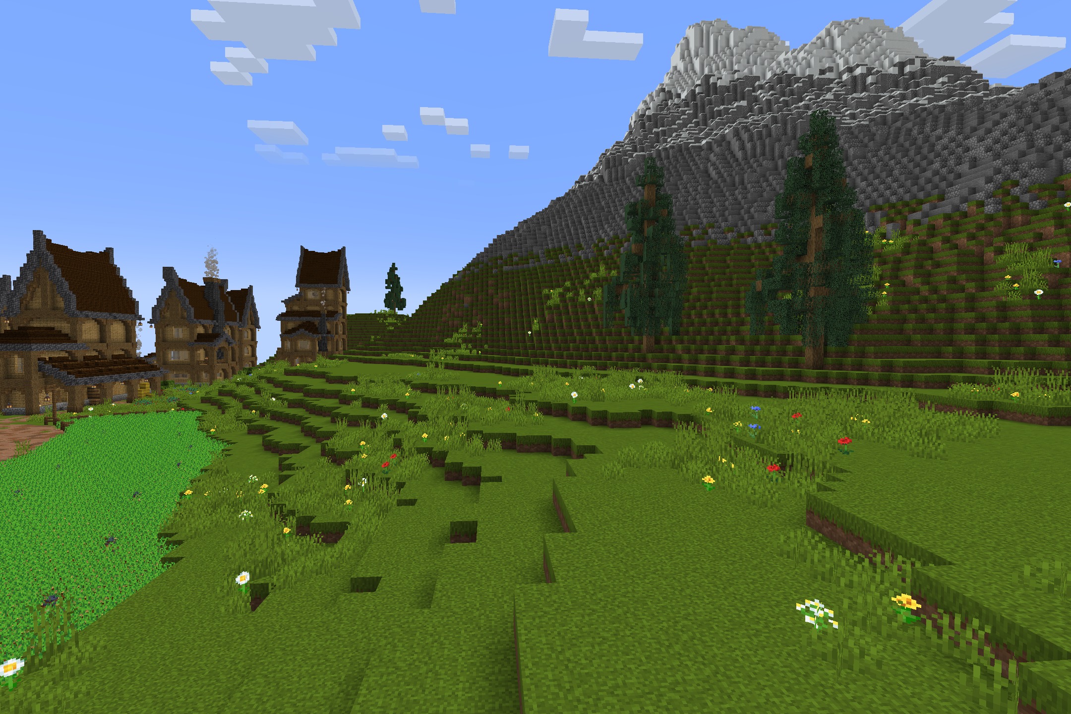 Vibrant green landscape with detailed houses and a large mountain in the background