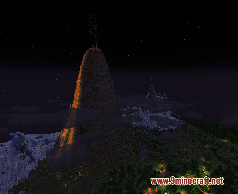 Tectonic Fury Mod (26.1.2, 1.21.1) – Survive Brutal Earthquakes 2 A tall active volcano with lava flowing down its side at night