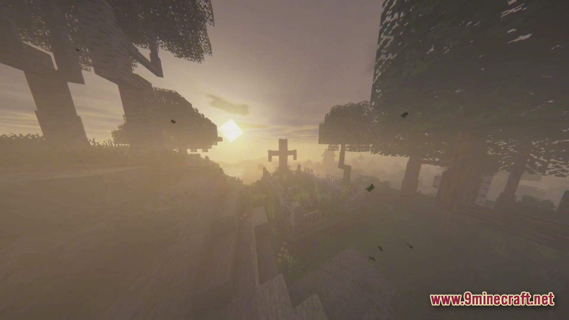 Tempest Protocol Modpack (1.21.1) – Anime Magic Rpg And Colony 2 A stone cross monument stands in a foggy forest clearing during a sunset in tempest protocol