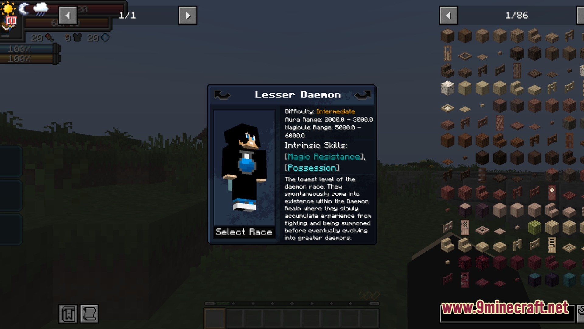 Tempest Protocol Modpack (1.21.1) – Anime Magic Rpg And Colony 11 A character selection screen displaying the lesser daemon race with its intrinsic skills and attributes