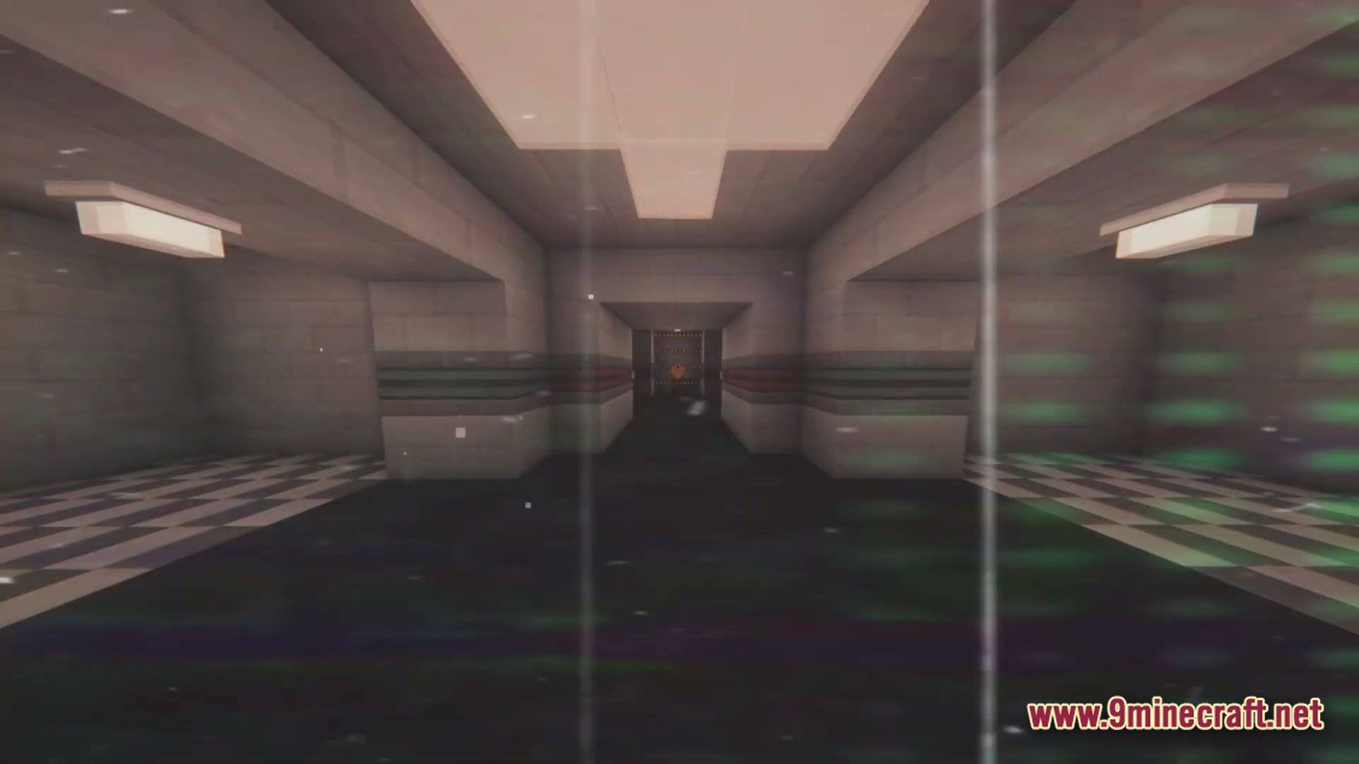 Tempest Protocol Modpack (1.21.1) – Anime Magic Rpg And Colony 3 A dimly lit concrete hallway with checkered floors and overhead lighting inside a facility structure