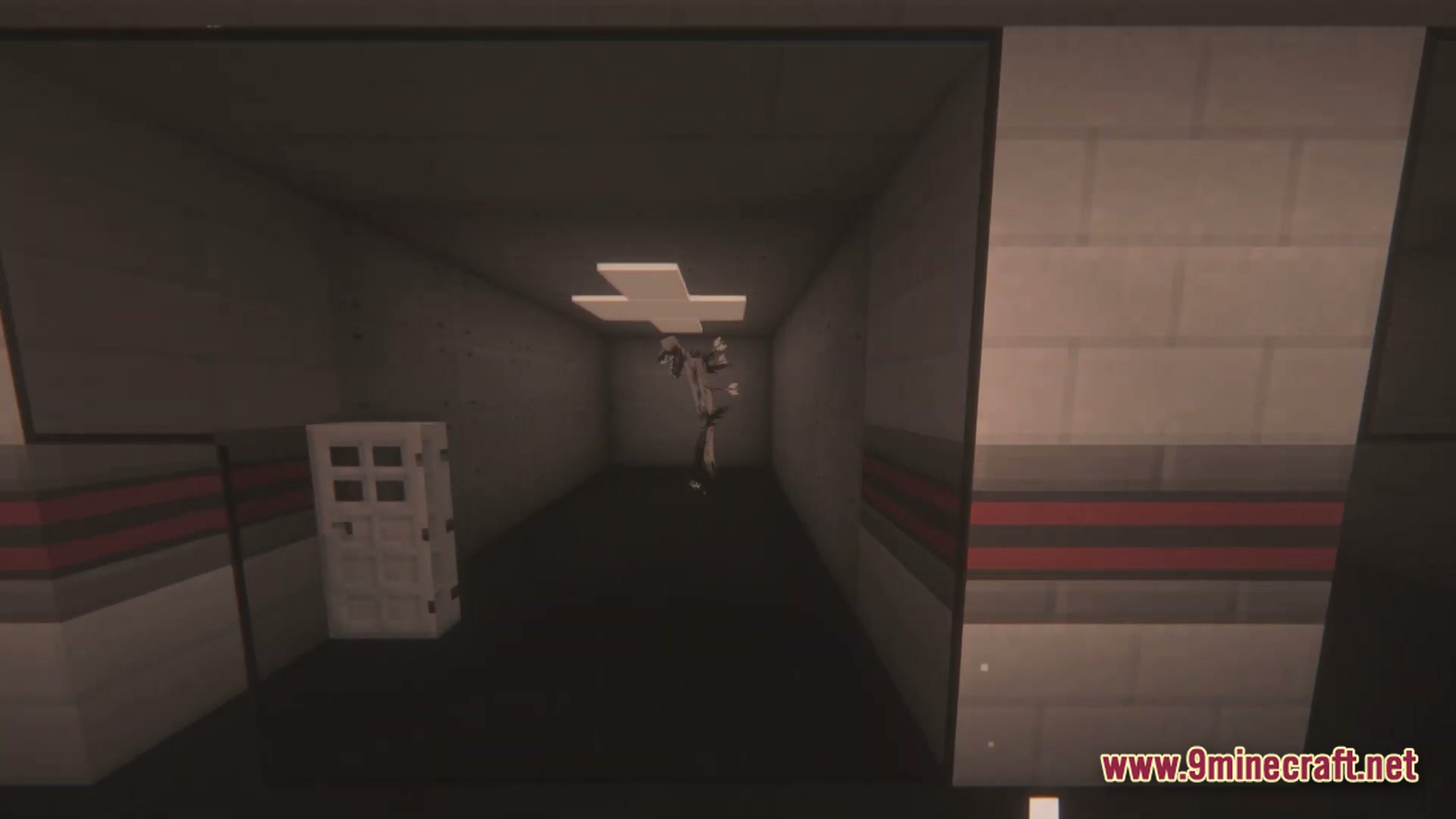 Tempest Protocol Modpack (1.21.1) – Anime Magic Rpg And Colony 5 A tall, pale entity stands at the end of a dimly lit, industrial facility hallway