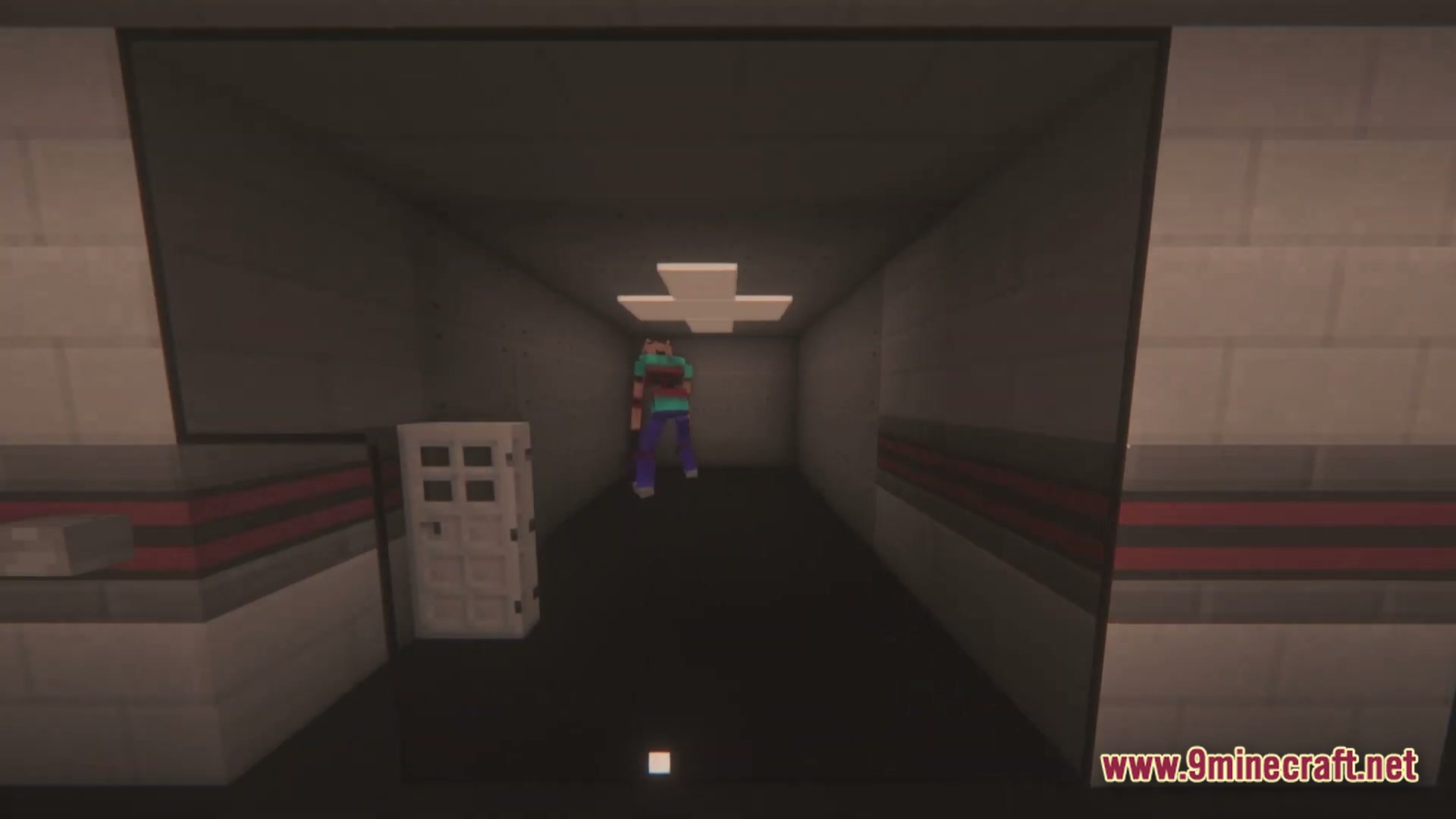 Tempest Protocol Modpack (1.21.1) – Anime Magic Rpg And Colony 6 A character stands in a dimly lit industrial hallway with a cross-shaped ceiling light