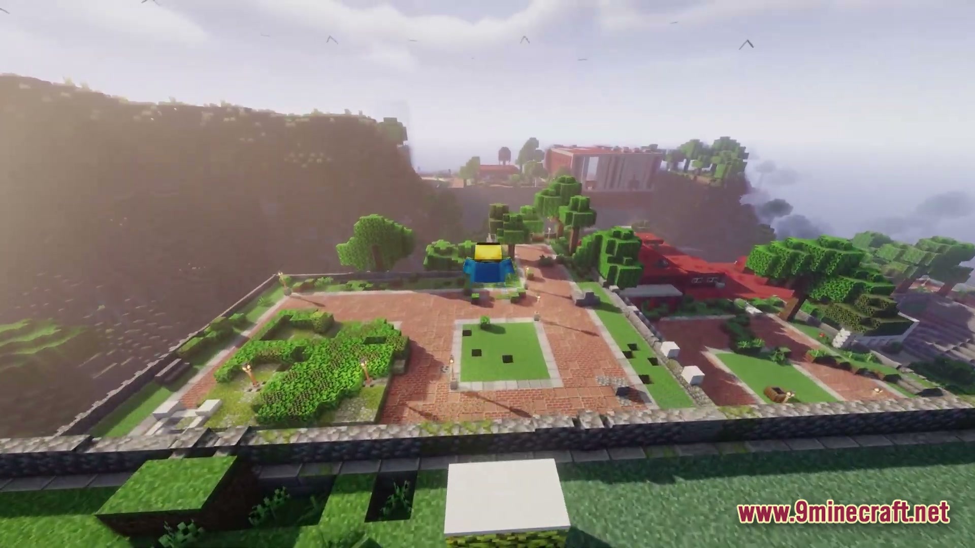 Tempest Protocol Modpack (1.21.1) – Anime Magic Rpg And Colony 7 A player flies over a landscaped courtyard with brick paths, green hedges, and stone walls