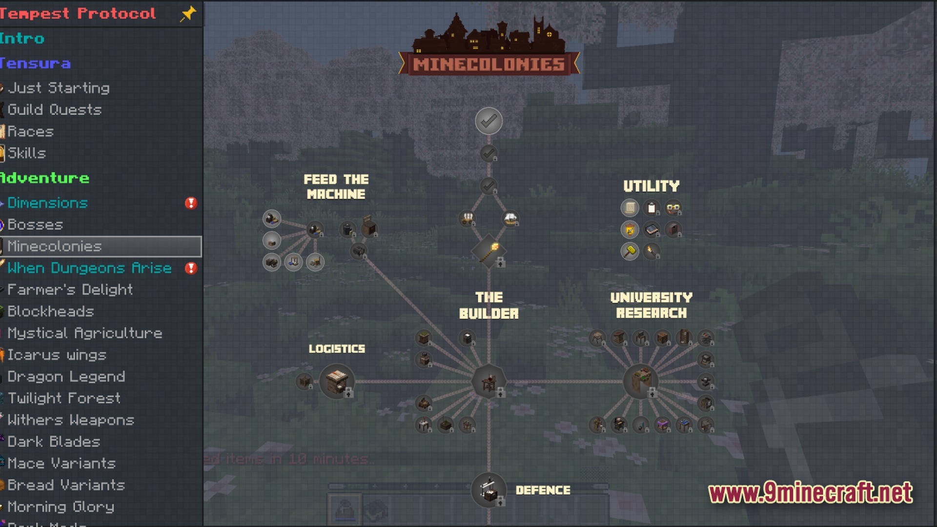Tempest Protocol Modpack (1.21.1) – Anime Magic Rpg And Colony 10 The minecolonies quest tree interface displays progression paths for building, logistics, research, and colony defense